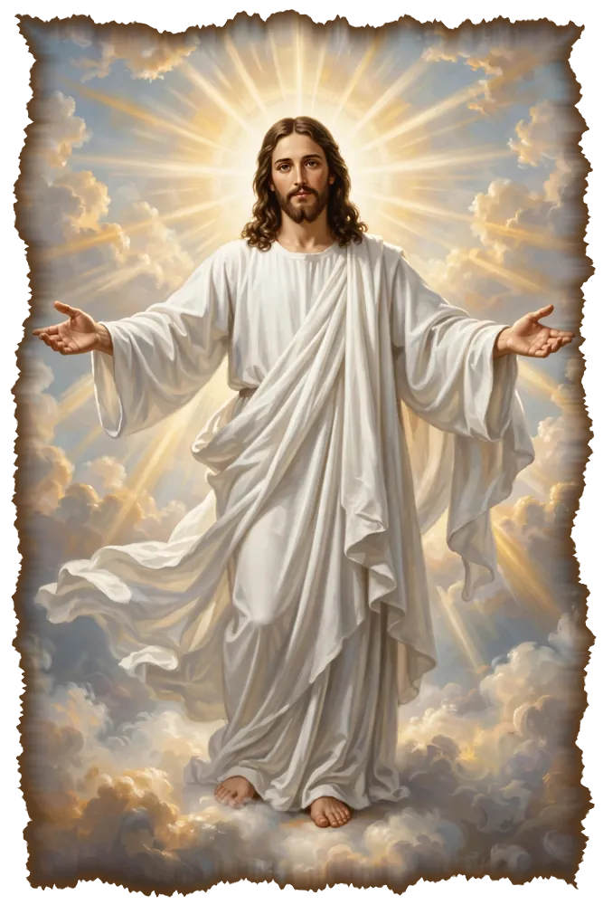 Christ with open arms among the clouds